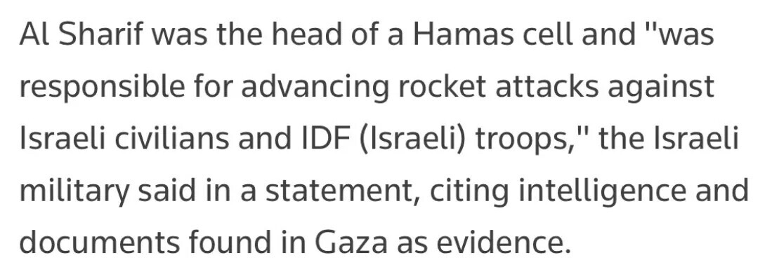 Em português: "Al Sharif era o chefe de uma célula do Hamas e 'foi o responsável por promover ataques com rockets contra civis israelitas e tropas das FDI (Forças de Defesa de Israel)', afirmaram os militares israelitas num comunicado, citando como prova informações dos serviços secretos e documentos encontrados em Gaza."/Reprodução Reuters